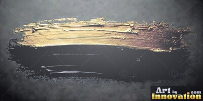 A heavy gold paint stroke sweeps across black paint with bright shine across the ridges