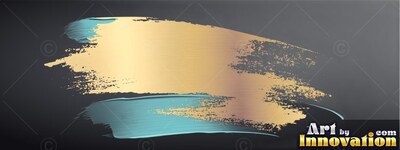 A wide stroke of shiny gold paint rests over teal smears on dark gray
