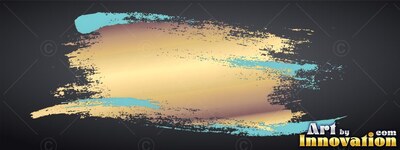 Across a dark background, a wide gold paint stroke is tipped with light blue