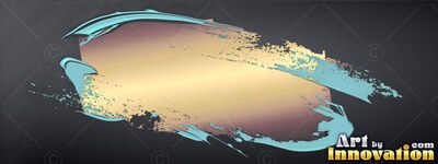 Sweeping across dark space, glossy gold paint spreads within light blue brush marks
