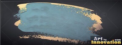 Gold speckles edge a wide light blue paint stroke over a solid black surface