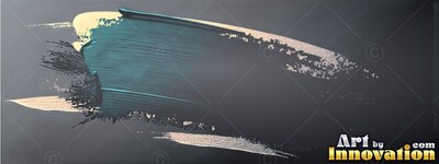 A teal brushstroke sweeps across a dark background, bordered by shimmering gold foil edges