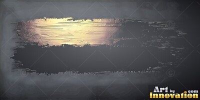 A thick gold brush stroke rests above a dark brush stroke across gray slate