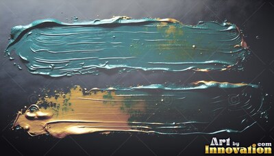 Two thick horizontal smears of teal and gold paint on black