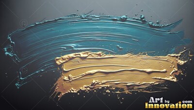 Thick ridges of gold fluid lie under a curved sweep of blue paint on dark gray