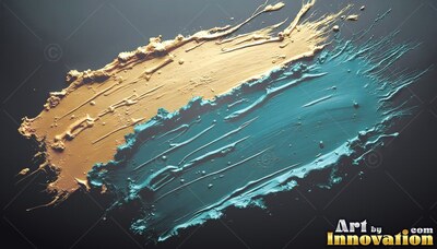 Thick gold and teal paint sweeps across a dark surface under soft directional light