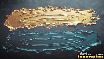 Spread horizontally across a dark surface, broad gold and teal brushstrokes