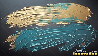 Thick sweeps of shiny teal paint mixed with gold paint brushed across a dark background