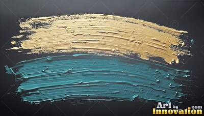 Across a dark surface, broad gold paint and teal paint sweeps in two broad curved strokes