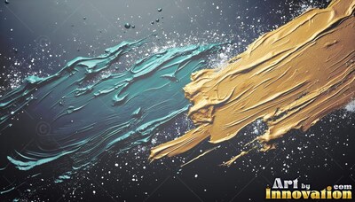 Streaking across a dark backdrop, thick strokes of teal and metallic gold paint scatter tiny white splatters