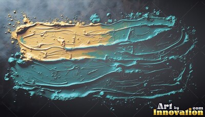 Thick stroke of gold and teal paint smeared across dark slate