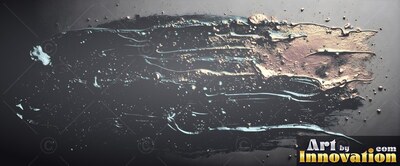 Thick wet ridges cover a wide stroke of metallic wet gold paint on a smooth black surface