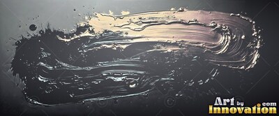 A thick brushstroke sweeps horizontally across black space, reflecting pale gold and silver light