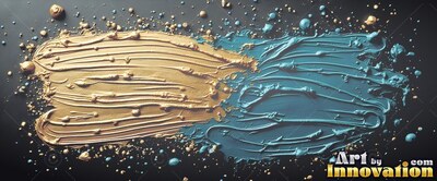Stretched horizontally on black, thick gold and blue paint strokes meet
