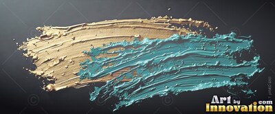 Heavy gold and turquoise paint strokes smeared across a dark backdrop
