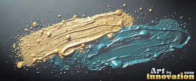 On a dark background, thick teal paint mixed with metallic gold paint spreads in two textured bands