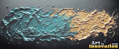 Spreading across dark paper, thick wet paint blends from teal into pale gold