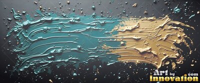 Thick teal and yellow-gold paint smeared across a black surface