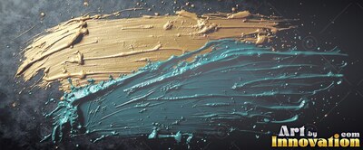 Thick raised ridges of glossy gold and teal paint sweep across a dark stone surface