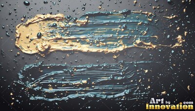 Thick paint smears across a dark surface, reflecting light on glossy dark teal and metallic gold ridges