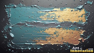 Spreading horizontally across a dark wall, thick teal and yellow-gold paint forms two bands