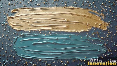 Broad gold and teal paint marks with tiny round droplets on a dark gray surface