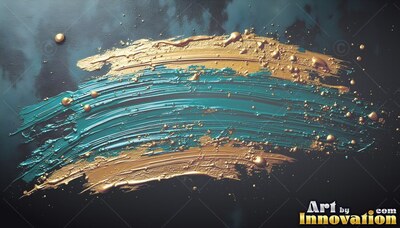 On a dark surface, thick teal and metallic gold paint sweeps across the center