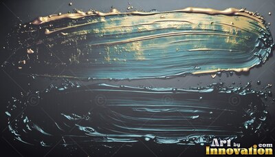Sweeping across a deep gray background, thick strokes of teal and glossy gold paint leave raised ridges