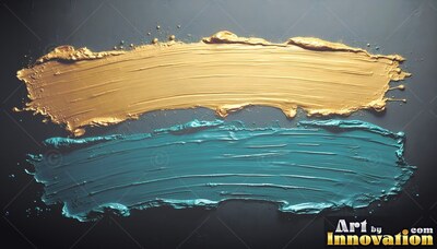 Thick teal and yellow-gold sweeps of paint on a dark background