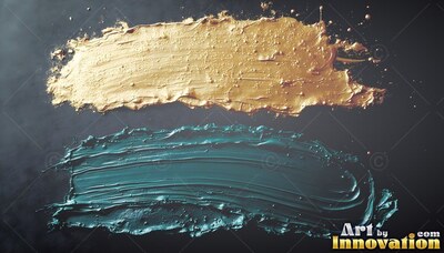 Thick bubbly gold paint smears across dark paper above a streak of teal paint