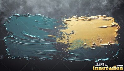 Teal and wet gold paint smears brush horizontally across a deep gray surface in soft light