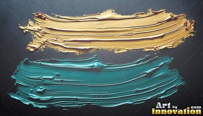 Stretched horizontally on dark gray, broad gold and teal paint strokes sweep across