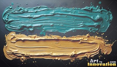 Thick streaks of teal and metallic gold paint smeared horizontally across a dark surface