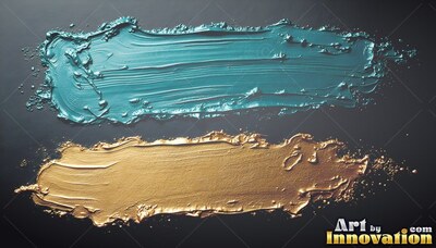 On a black background, thick teal and wet gold paint smears lie flat side by side