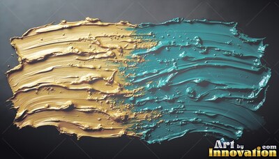 Blending across dark slate, thick teal and gold paint spreads in rough ridges