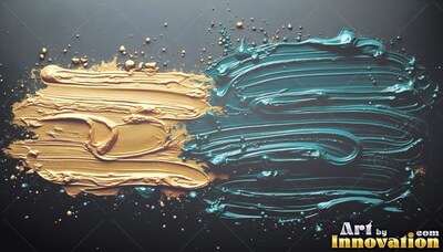 Thick ridged gold paint spreads horizontally beside teal paint across a black background
