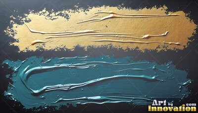 Two thick sweeps of paint stretch horizontally, with glossy gold above and teal below