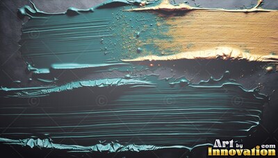 Lying horizontally on a dark surface, thick teal and yellow-gold streaks of paint