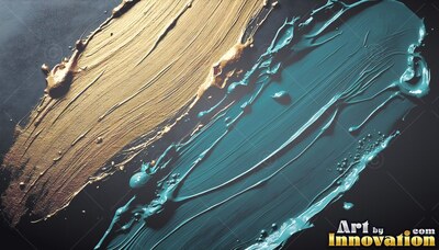 Thick diagonal strokes of teal and metallic gold paint smeared across a black surface