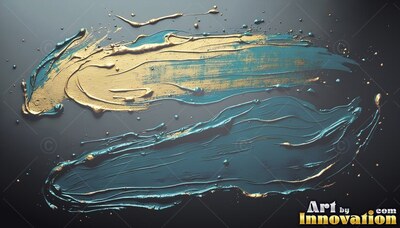 On a dark surface, thick teal and glossy gold paint smears across the center
