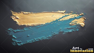 Streaking across dark gray, thick gold and turquoise paint brushstrokes overlap