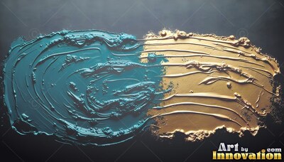 Thick teal and gold paint smeared horizontally on dark gray