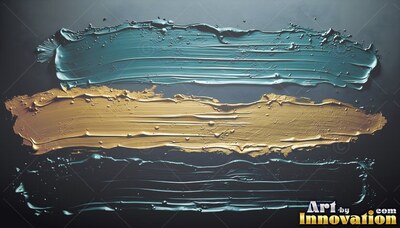 Thick ridges of blue and glossy gold paint spread in three horizontal strokes on a shadowed background