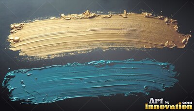Two thick brushstrokes sweep horizontally across dark paper under soft light on glossy gold paint and teal paint
