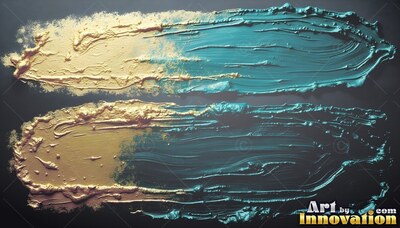 Stretching horizontally across dark gray, deep gold and teal streaks of paint
