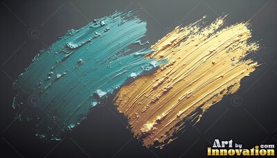 Thick teal and gold paint marks sweep diagonally across a shadowed background