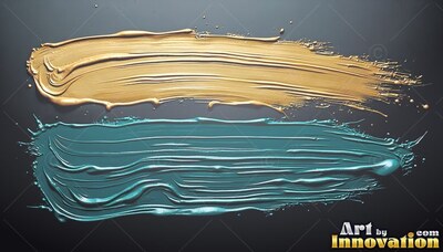 On a dark background, thick metallic gold paint and teal paint strokes sweep horizontally