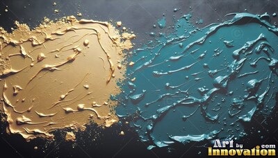 Spreading across a dark surface, thick teal and wet gold paint mixes with small splatters