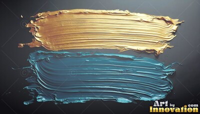 Thick teal paint mixed with wet gold paint strokes on a shadowed background