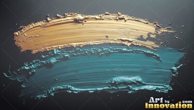 Thick textured edges define parallel strokes of gold and teal paint across a dark surface